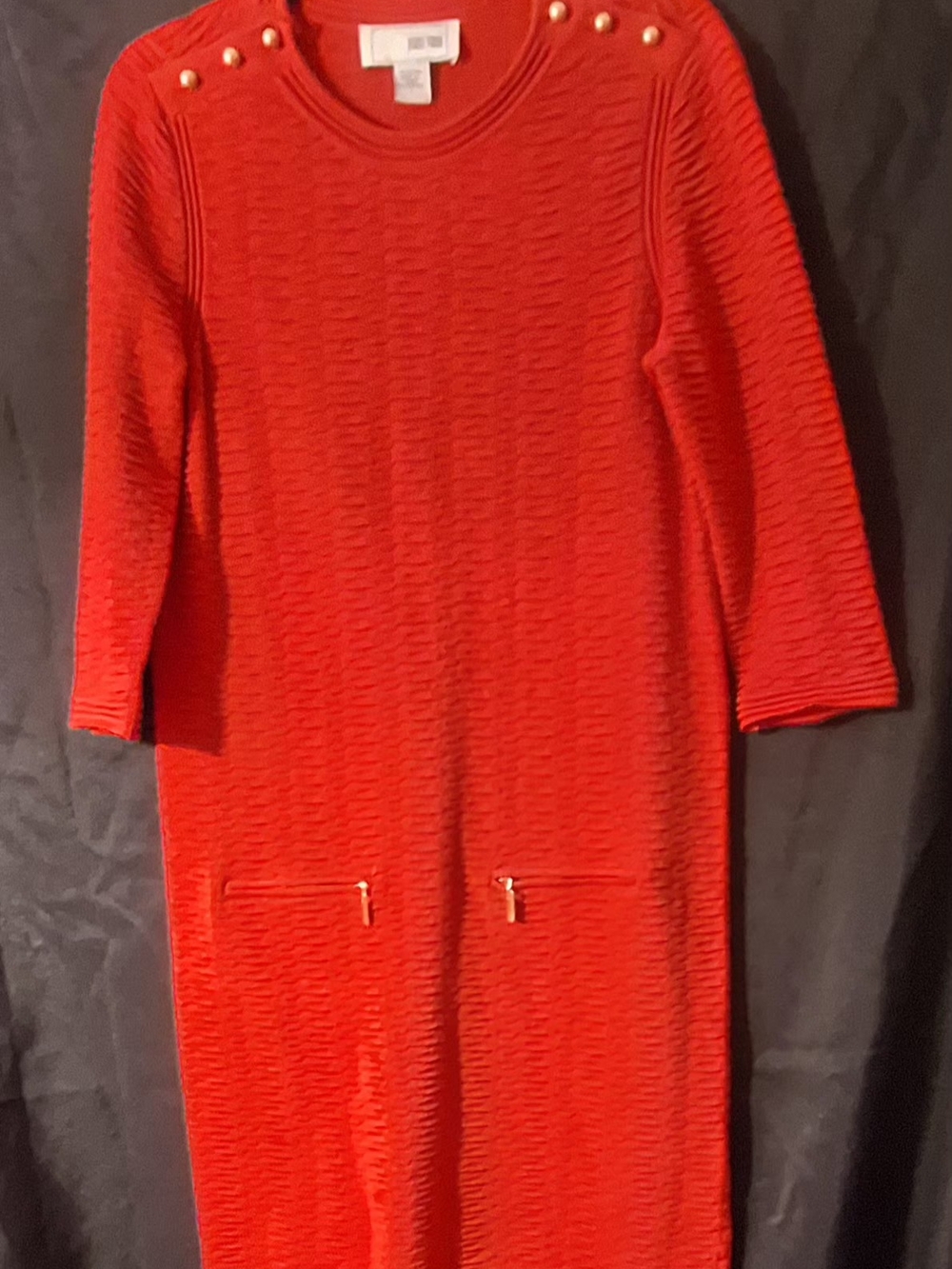 Joan Vass Red Textured Long-Sleeve Knit Dress with Gold Buttons